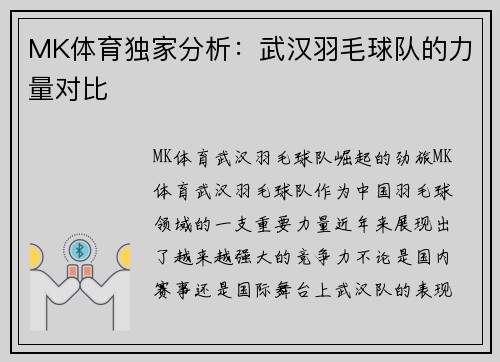 MK体育独家分析：武汉羽毛球队的力量对比