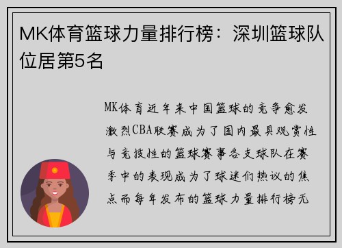 MK体育篮球力量排行榜：深圳篮球队位居第5名