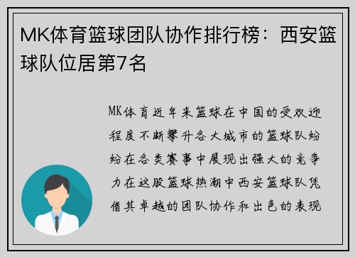 MK体育篮球团队协作排行榜：西安篮球队位居第7名